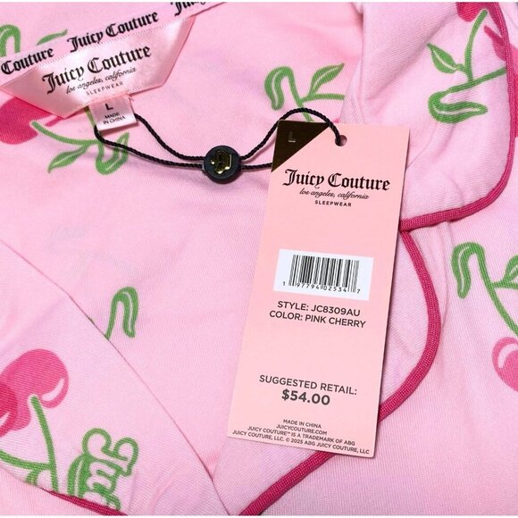 Juicy Couture Pink Cherry Print Pajamas Shorts 2 Piece Sleepwear Set Sizes M, L - Picture 6 of 7